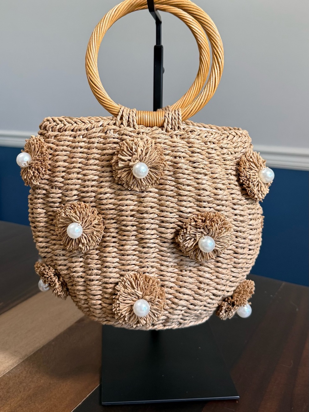Natural Raffia Round Tote with Pearl Pom-Poms - Picture 5 of 7